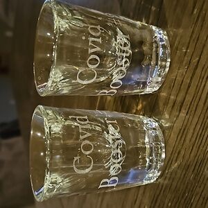 Shot glasses. Etched Covid Booster # 1 and Covid Booster #2. Very heavy duty.